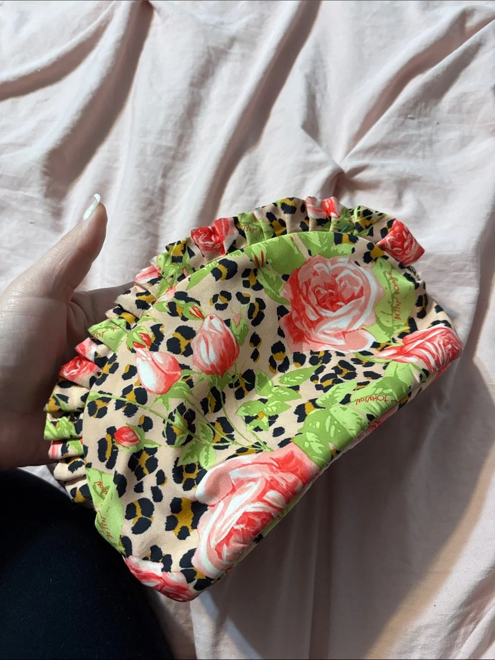 Betsey Johnson Floral Rose & Leopard Ruffle Cosmetic Bag - Pink/Green/Beige